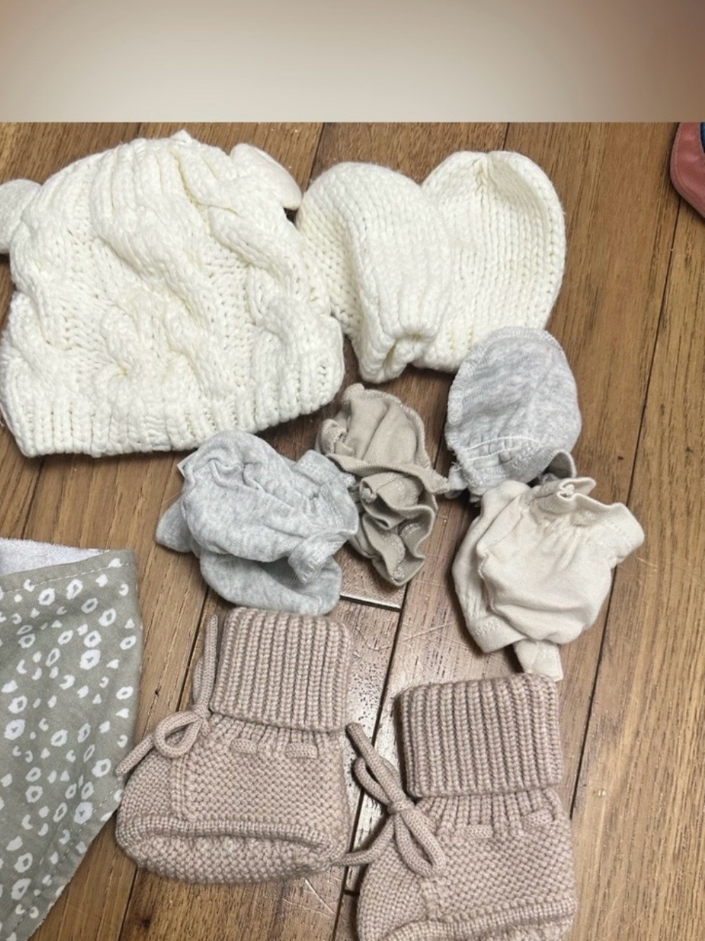 Cream Cable Knit Baby Hat and Beige Knit Booties and mittens